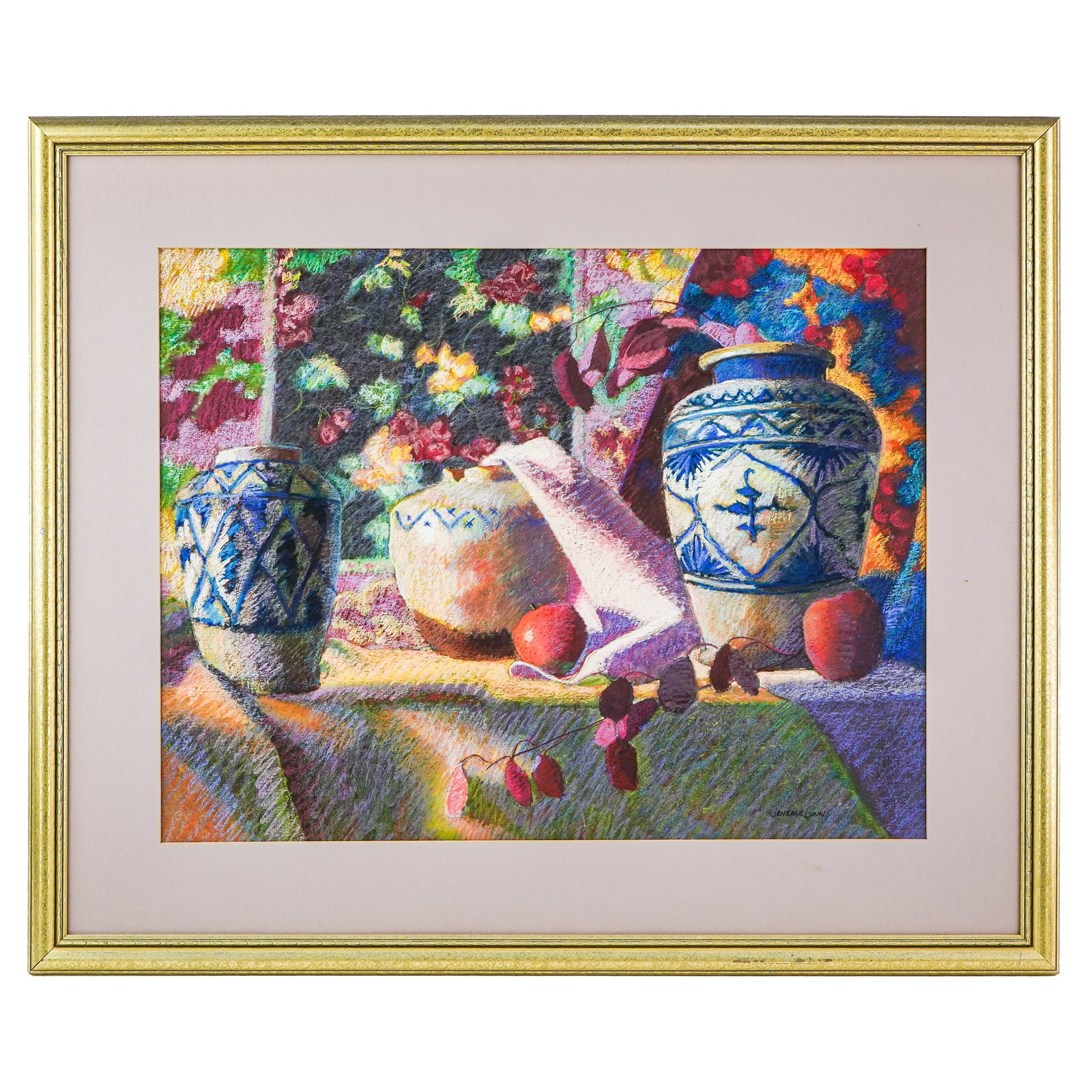 Jeneane Lunn (VT Contemporary) Still life with Blue Stoneware: Jeneane Lunn (Vermont Contemporary ) Still Life with Blue Stoneware- Pastel on paper signed lower right -20 x 26" 30 x 36" as framed.