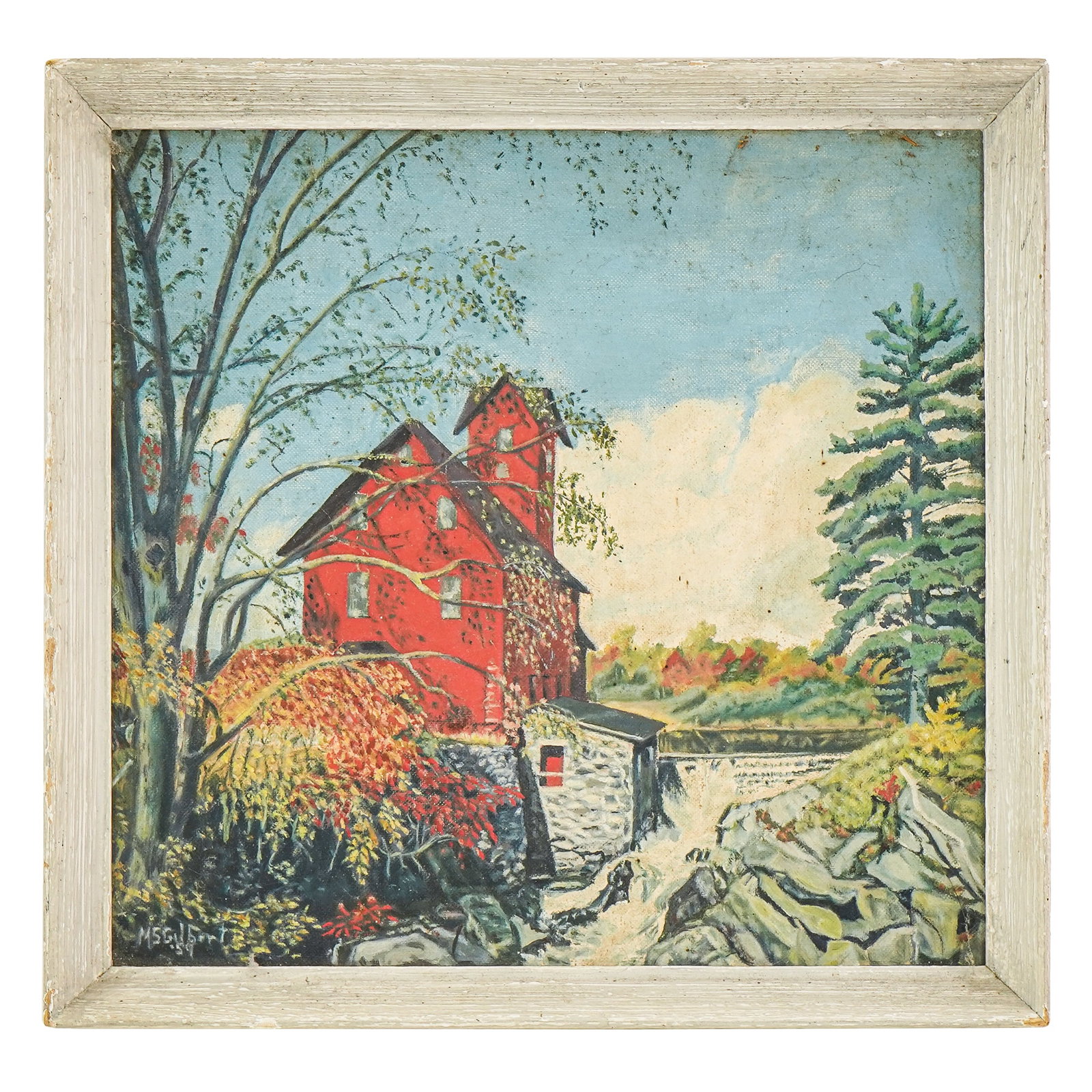 MS Gilford (VT 20th c) Jericho Red Mill: Ms Gilford (Vermont 20th c ) Jericho red mill oil on board 13 x 13.5"