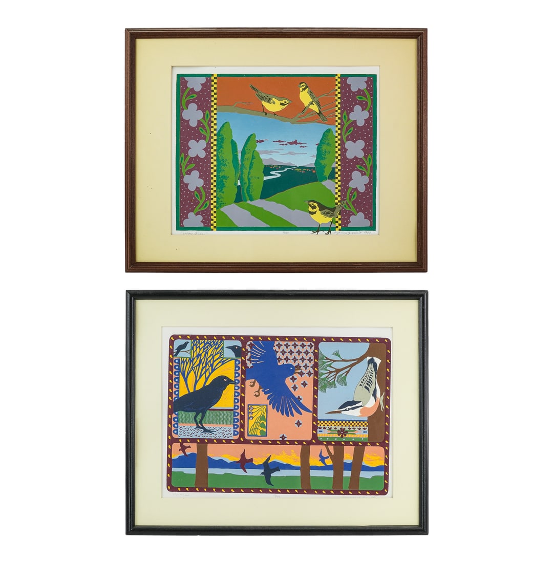 Suzanne LeGault (VT Contemporary) Two Prints: Suzanne LeGault (Vermont Contemporary) Two Serigraph prints "Avians" and "Yellow Birds" Both signed and identified lower margin 17 x 21" as framed