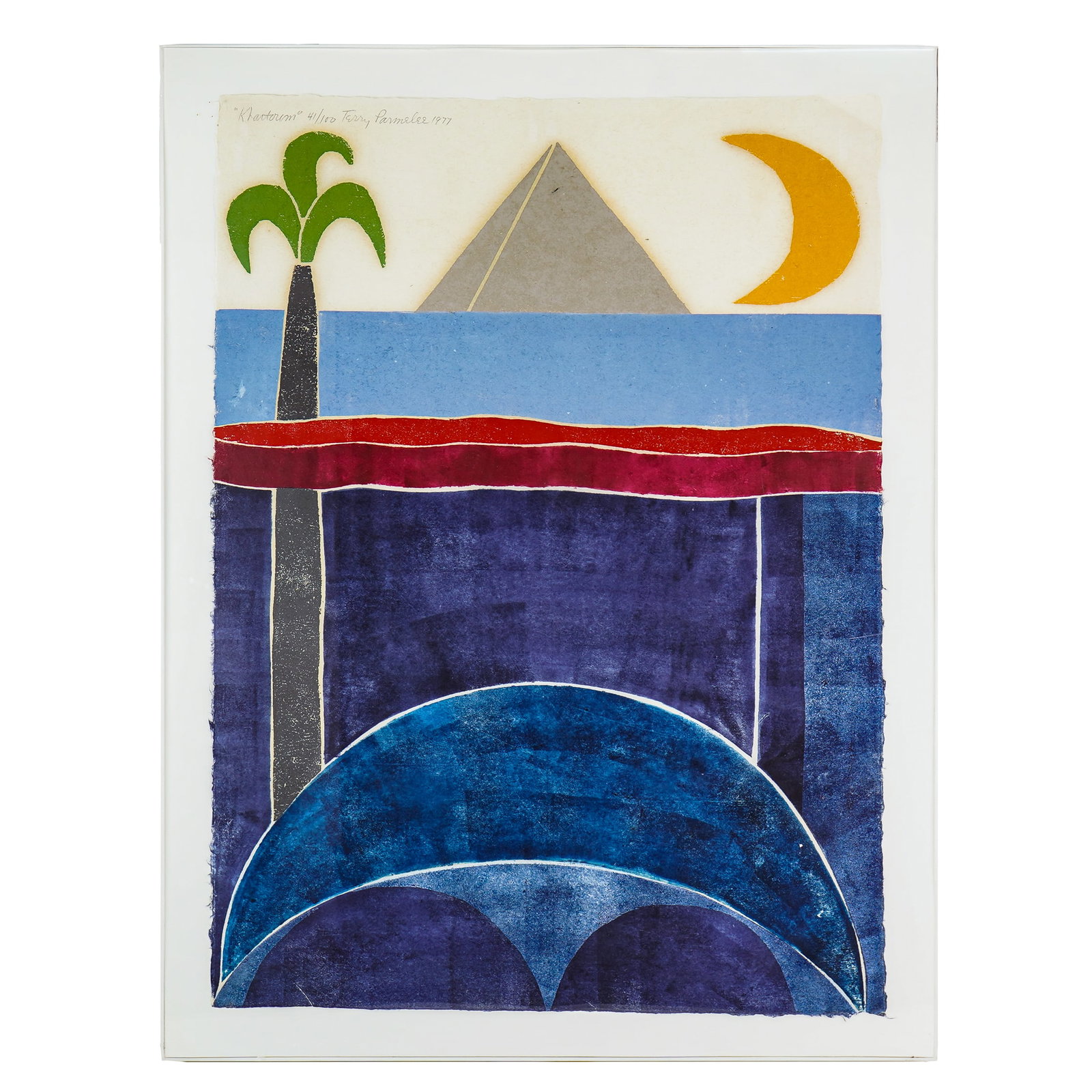 Terry Parmelee (AM 1929- ) Khartoum: Terry Parmelee (American 1929- ) Khartoum woodblock on paper signed upper margin editioned 41/100 dated 1977 -Sheet 33.5 x 24.5" Parmelee's first studies in the art of the woodcut took place in the