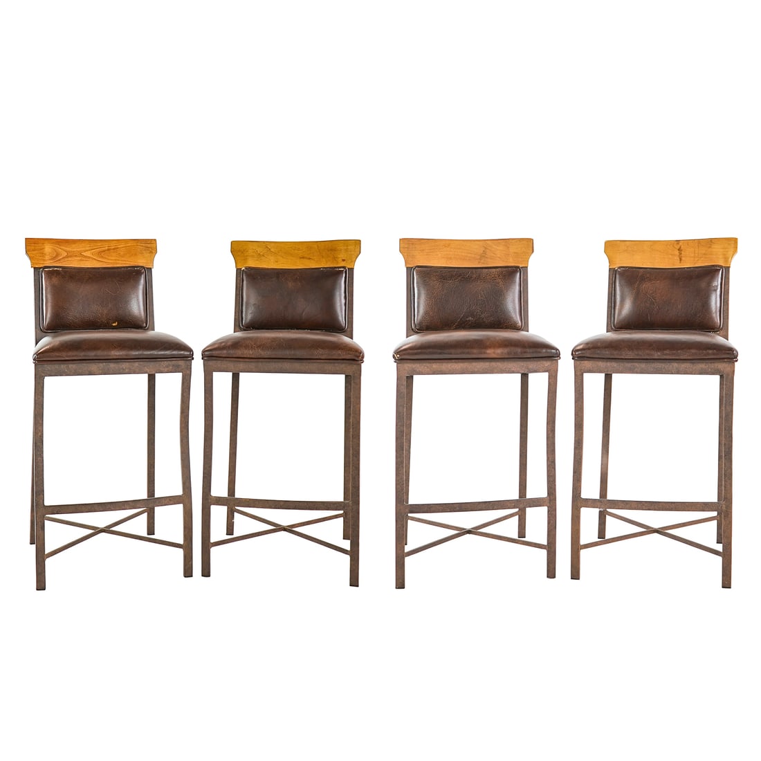 Four Contemporary Bar Stools: Four Iron, leather and wood barstools clean and unmarked- 39 x 19 x 20" 27" to seat