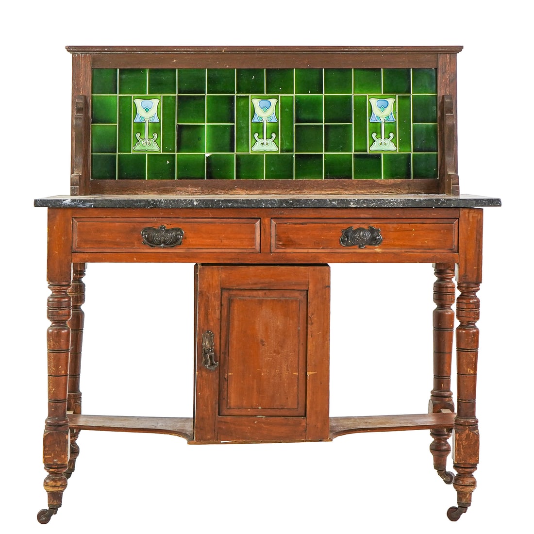 Unusual Marble Top Server: Unusual Marble top server- with fossilized black marble top, Art Nouveau Splash, mid 19th c Sheraton maple base. 45 x 42 x 20" 29" to Serving top.