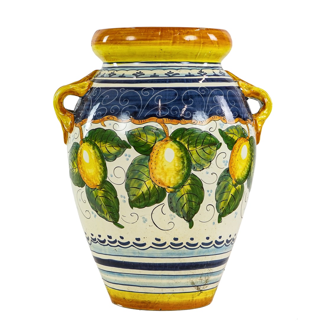 20th c Italian Faience Limoncello Pot: 20th c Italian Faience Ware Limoncello pot. significant losses on one side, the other OK- 24 x 18"