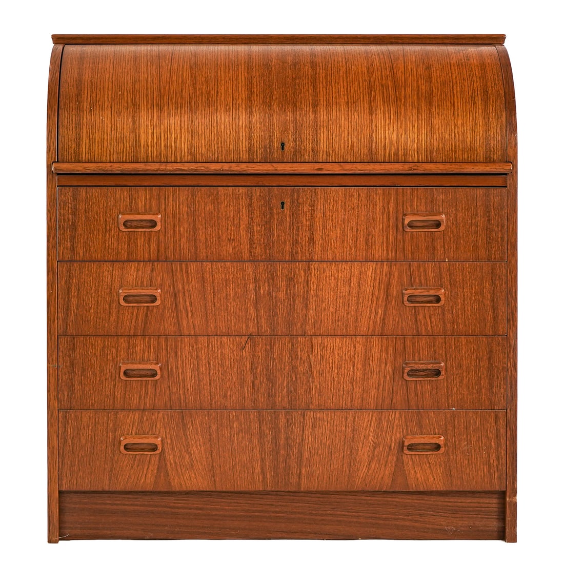 MCM Danish Teak Cylinder Front 4 Dwr. Desk: Mid Century Modern Danish teak cylinder desk having divided interior with three small drawers, over 4 larger drawers, nicely figured veneers, excellent overall condition. 38" x 35.5" x 18"