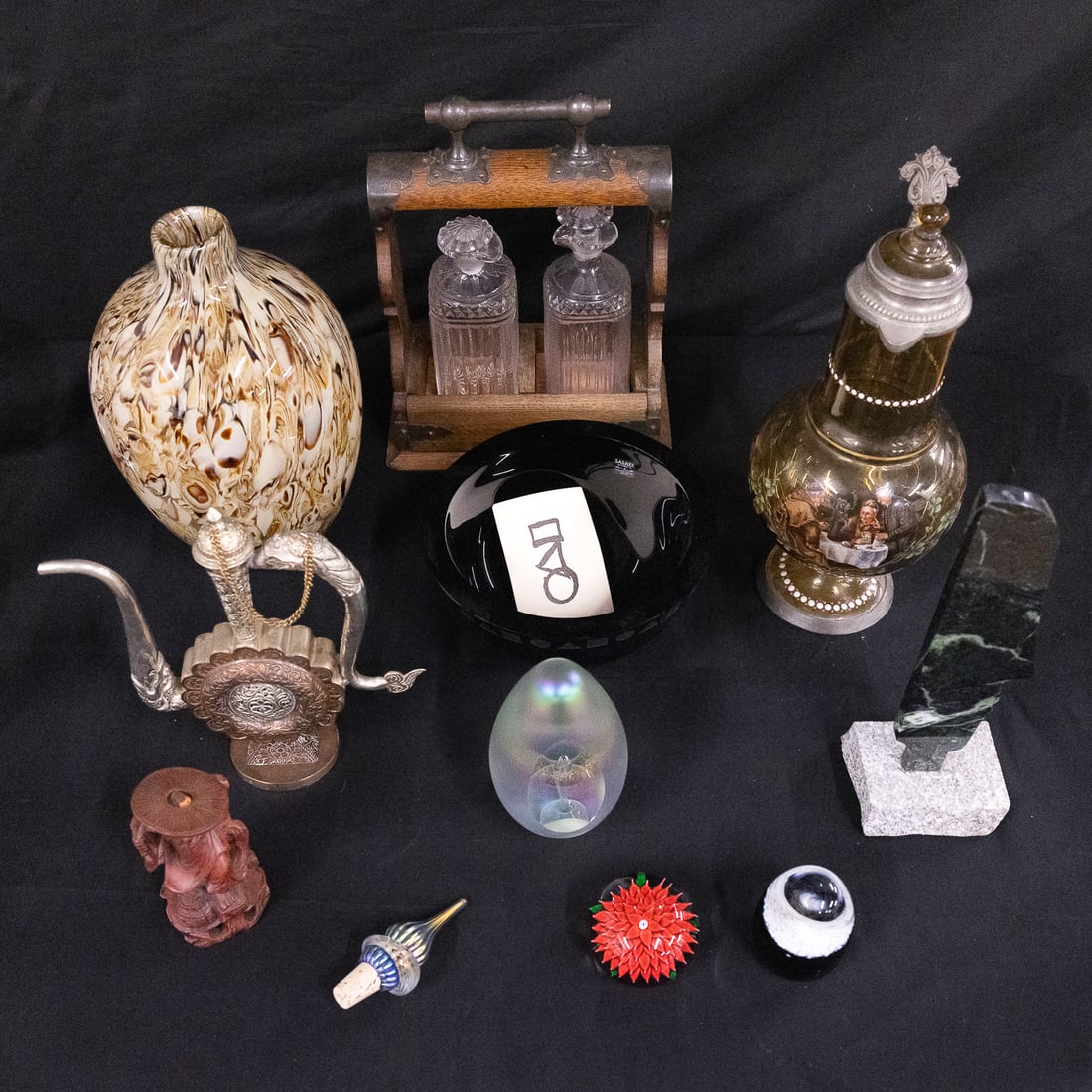 Colored Glass, Paperweights, Etc: Colored glass including Bohemian pewter & glass ewer pitcher, art glass paperweights, art glass vase, VT marble & granite stone sculpture by Curtis