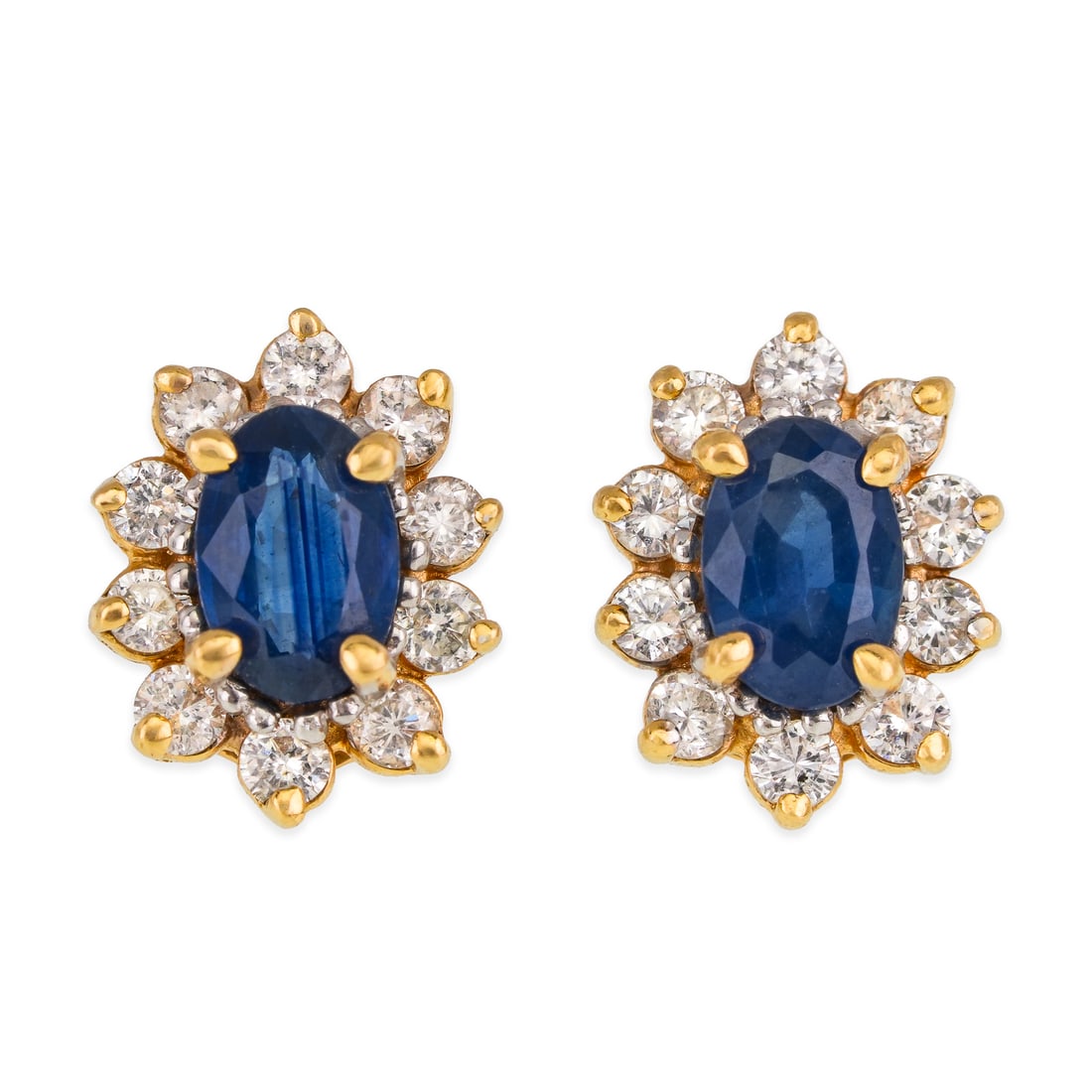 Diamond & Sapphire Stud Earrings: A pair of 14k yellow gold earrings each with a center oval cut natural sapphire 4mm x 6mm x 2 mm surrounded by 10 .02 ct diamonds. 2/3 ct.t.w sapphires and .4 cts.t.w diamonds.