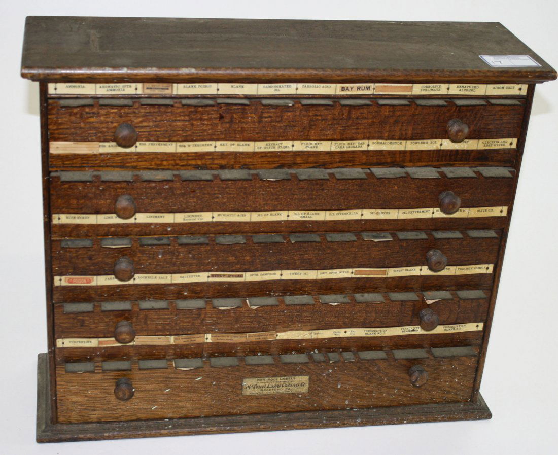Mc Court Label cabinet co roll on labels oak counter: Mc Court Label cabinet co roll on labels oak counter top 5 drawer cabinet with original contenets 20" x 24" x 7"