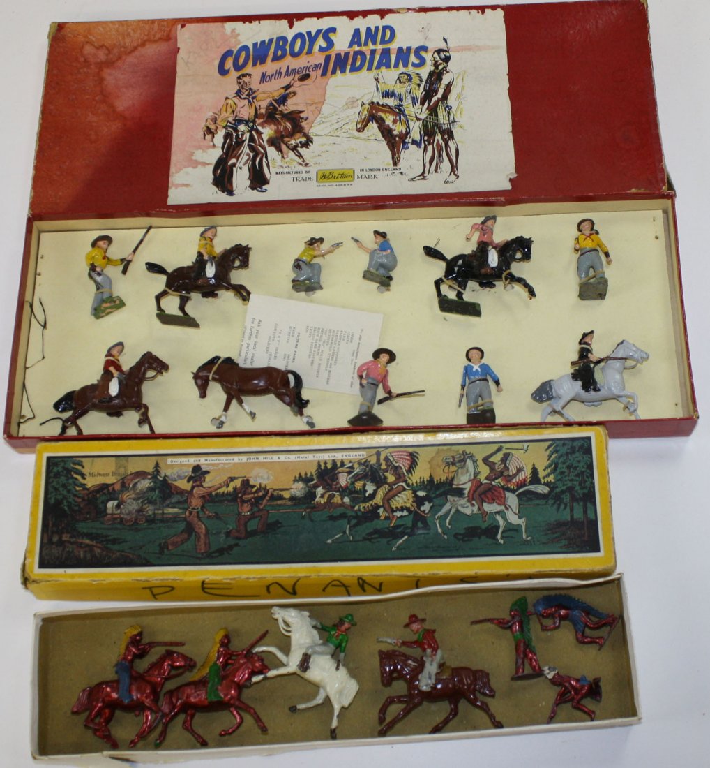 Britains North American Cowboys & Indians- 11pcs in: Britains North American Cowboys & Indians- 11pcs in original box, 2 lariats missing, & John Hill Cowboys- partial set, few extra pcs