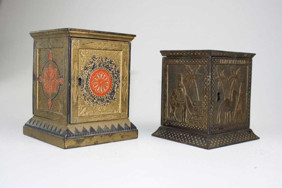 Two locking cast iron banks Arabian Safe 5", Asthetic: Two locking cast iron banks Arabian Safe 5", Asthetic Movement/Egyptian revival in original paint 6"
