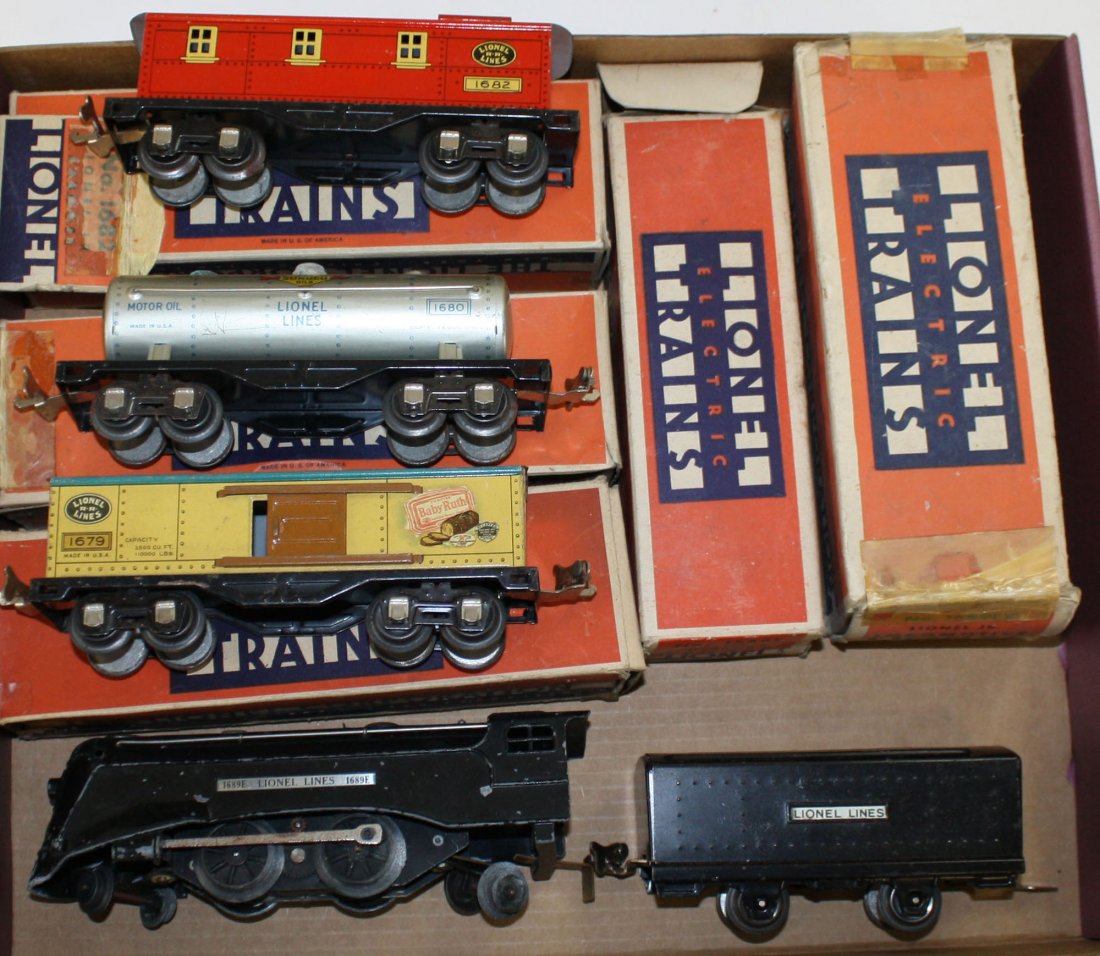Lionel O Gauge No. 1689 engine, 1588 tender, 1679 Baby: Lionel O Gauge engine & cars #1689 Lionel Jr locomotive, #1588 tender, #1679 baby ruth, #1680 Sunoco tanker, #1682 passenger car- 5 pcs w/ boxes