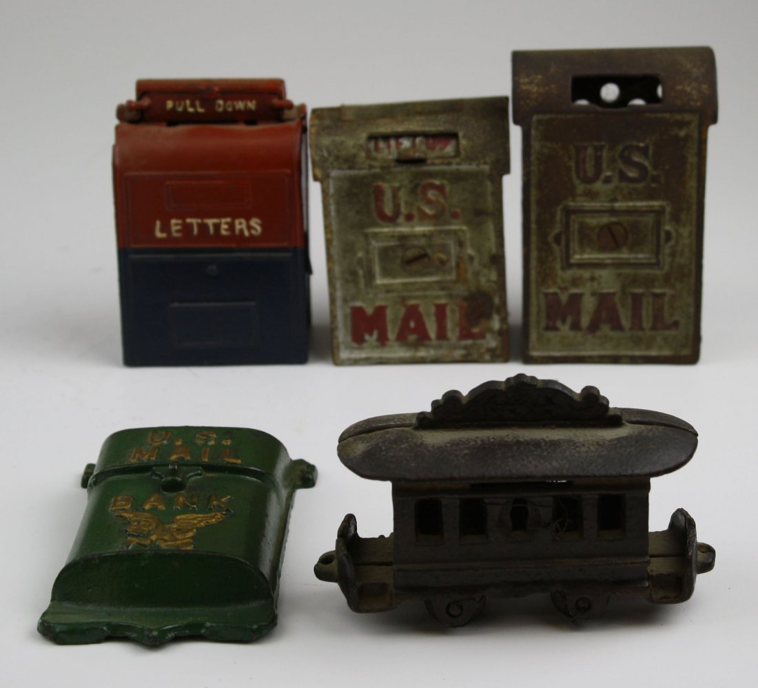 Five figural cast iron still banks,4 mail box banks,: Five figural cast iron still banks,4 mail box banks, trolley