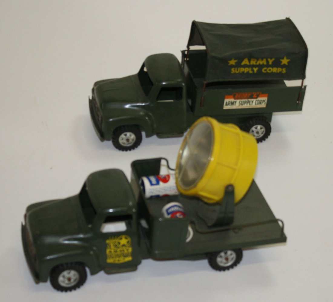Buddy L pressed steel Army Searchlight truck & Army: Buddy L pressed steel Army Searchlight truck & Army Supply Corps truck- 2 pcs, length 14”