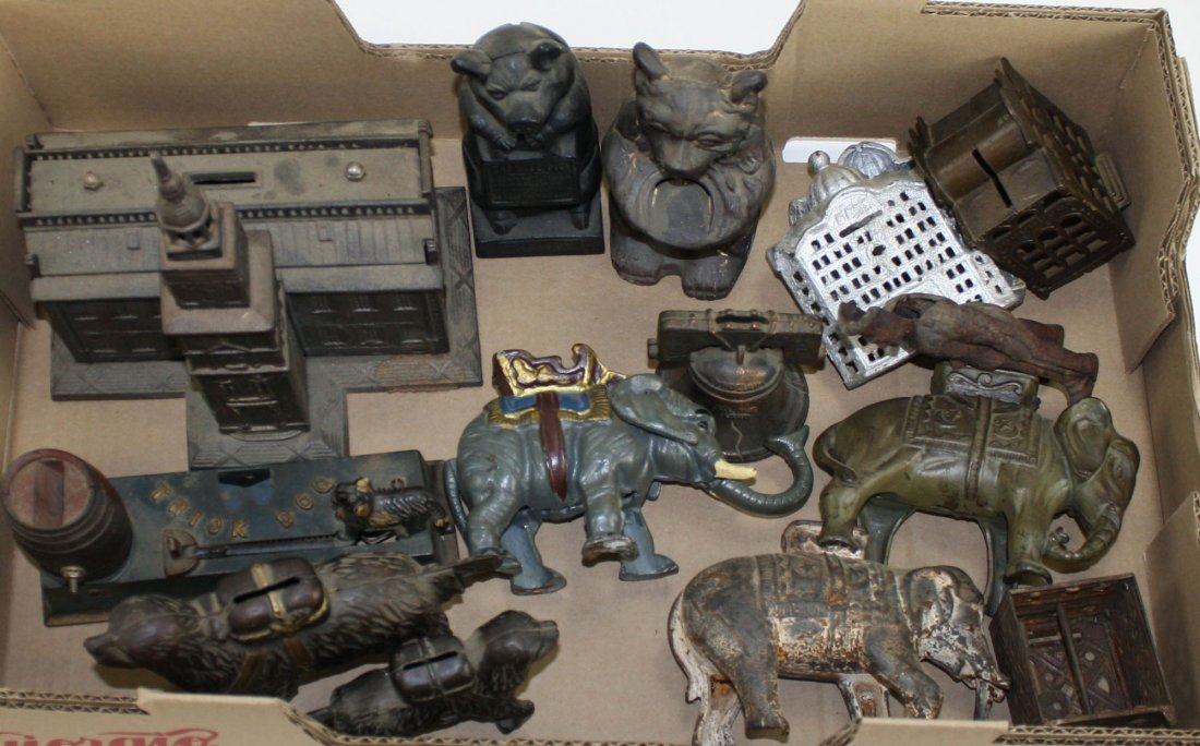 Lot of 20th c banks- Bicentennial Independence hall: Lot of 20th c banks- Bicentennial Independence hall bank, three elephants, the wise pig, bear, two St.Bernards, Liberty bell, Trick dog (for parts) 14 pieces