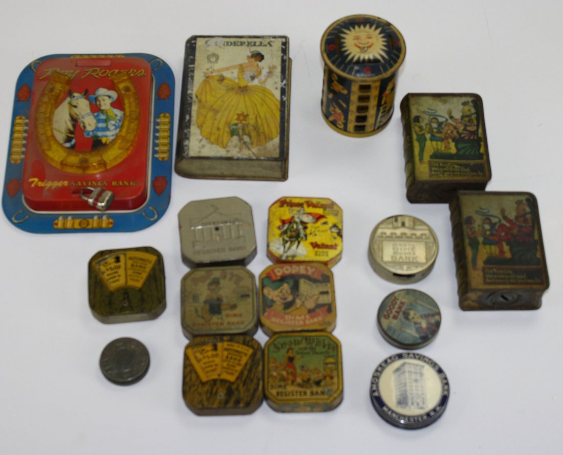 Lot of tin litho dime banks,- Including Dopey, Popeye,: Lot of tin litho dime banks,- Including Dopey, Popeye, Snow White, Prince Valiant, Magic Dime Register, Old King Cole, Automatic Register Bank, Treasury Register bank, Cinderell book bank 15 pieces