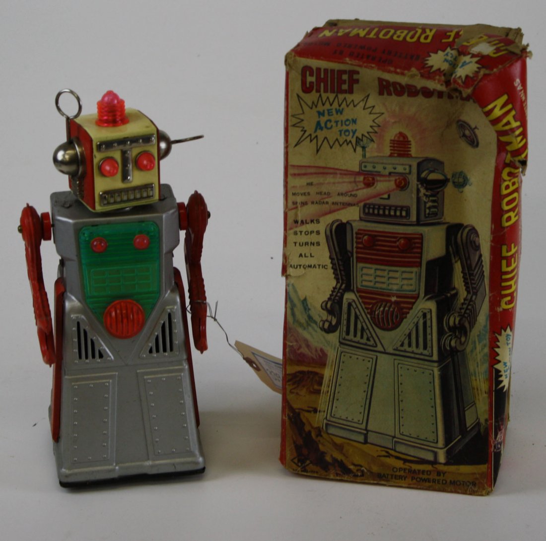 KO Japan Chief Robotman battery operated robot w/: KO Japan Chief Robotman battery operated robot w/ original box- ht 12”