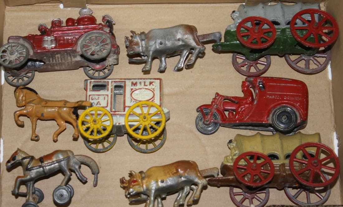 5 early cast metal fire engine, horse dawn wagons, &: 5 early cast metal fire engine, horse dawn wagons, & motorcycle delivery vehicle