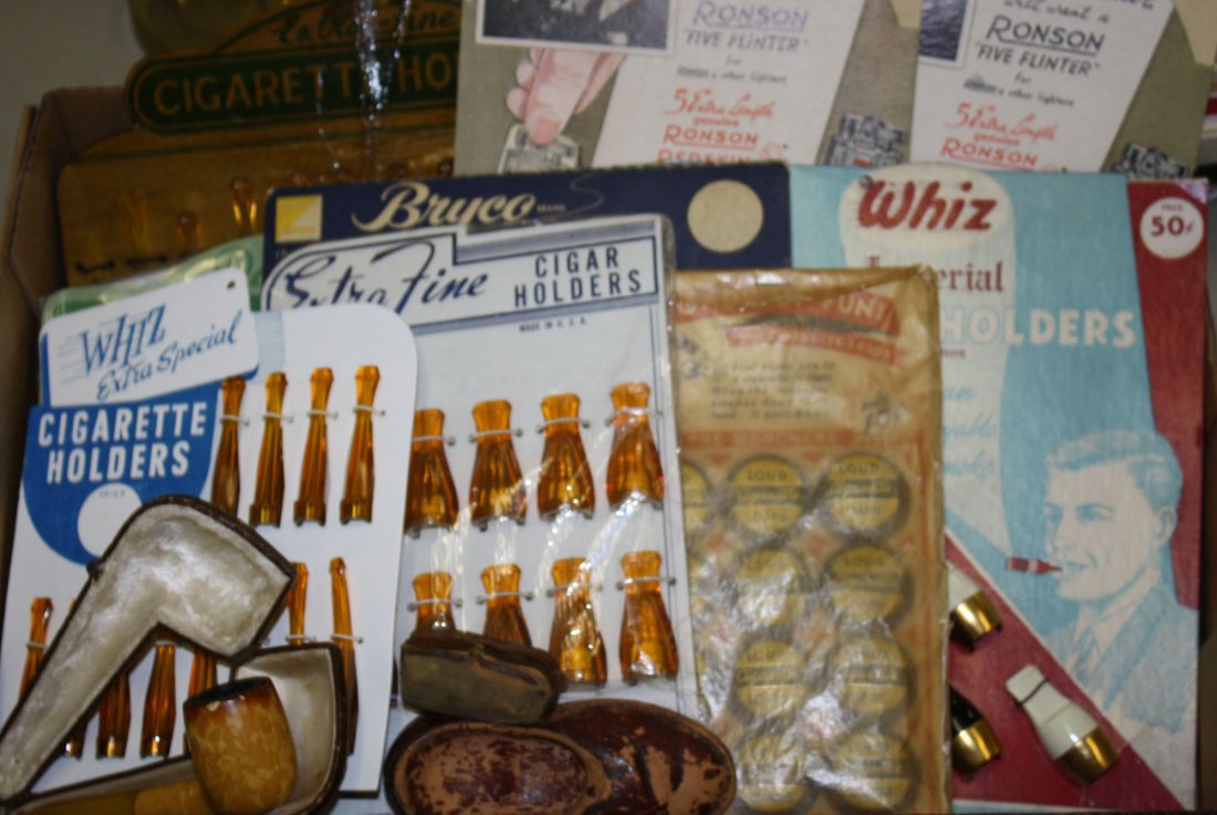 new old stock cigar and cigarette holders in orig.: new old stock cigar and cigarette holders in orig. store displays, cased Meerschaum pipe
