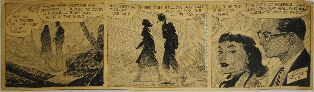 1954 Rex Raymond King Features Rip Kirby 3 panel daily: 1954 Rex Raymond King Features Rip Kirby 3 panel daily strip original pen & ink cartoon art dated 6-8 with pin holes in corners indicating publication layout 20.5” x 6”