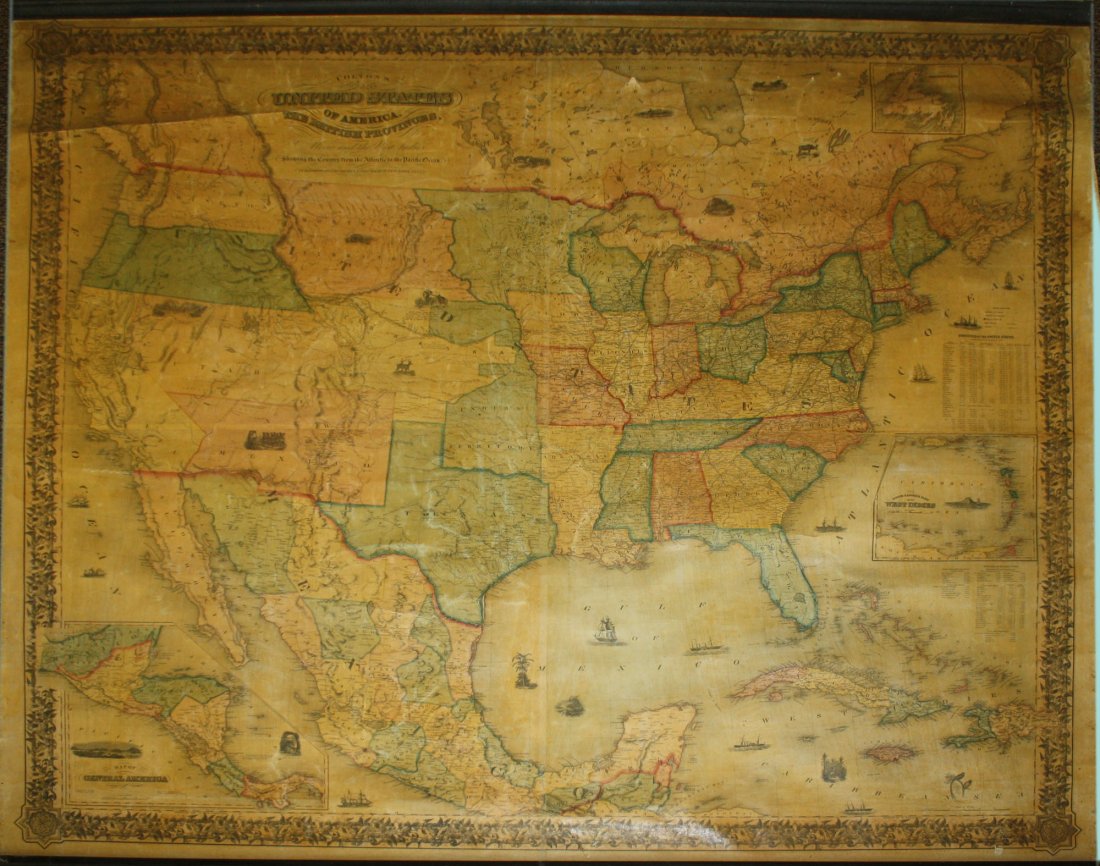 1854 Colton's Map of the United States of America, the: 1854 Colton's Map of the United States of America, the British Provinces, Mexico, & the West Indies large format wall map on original rollers 54” x 60”