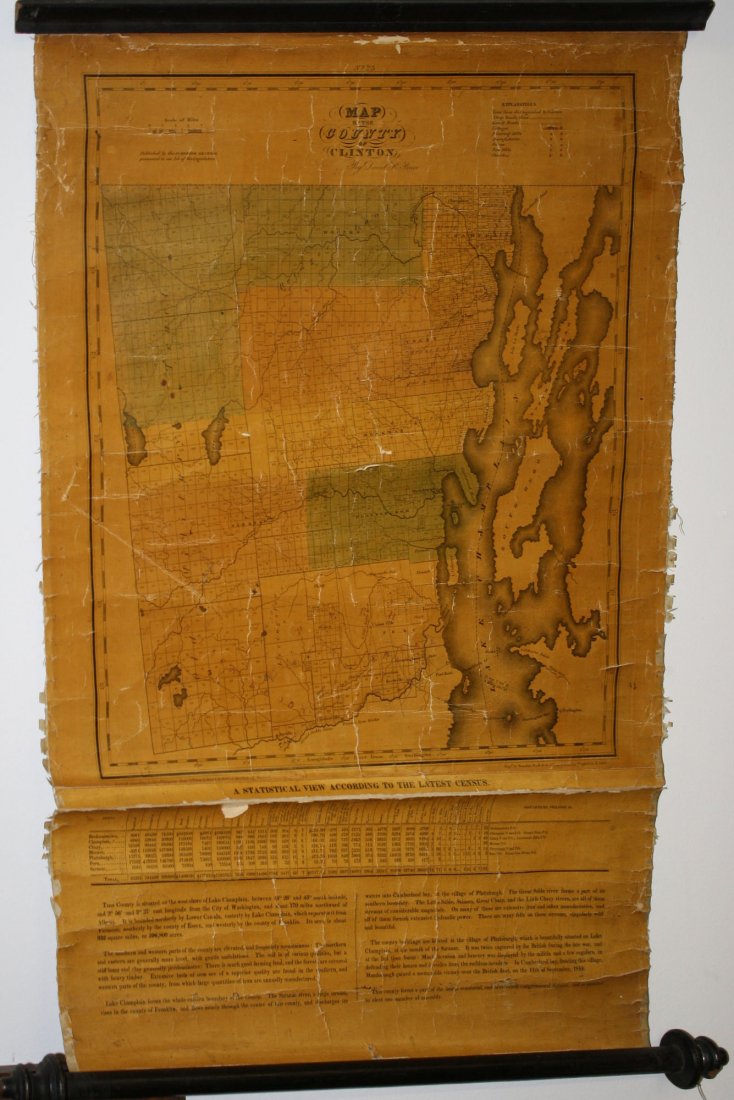 1829 David Burr map of the County of Clinton NY on: 1829 David Burr map of the County of Clinton NY on original rollers w/ a statistical view according to the latest census attached below 29” x 20”