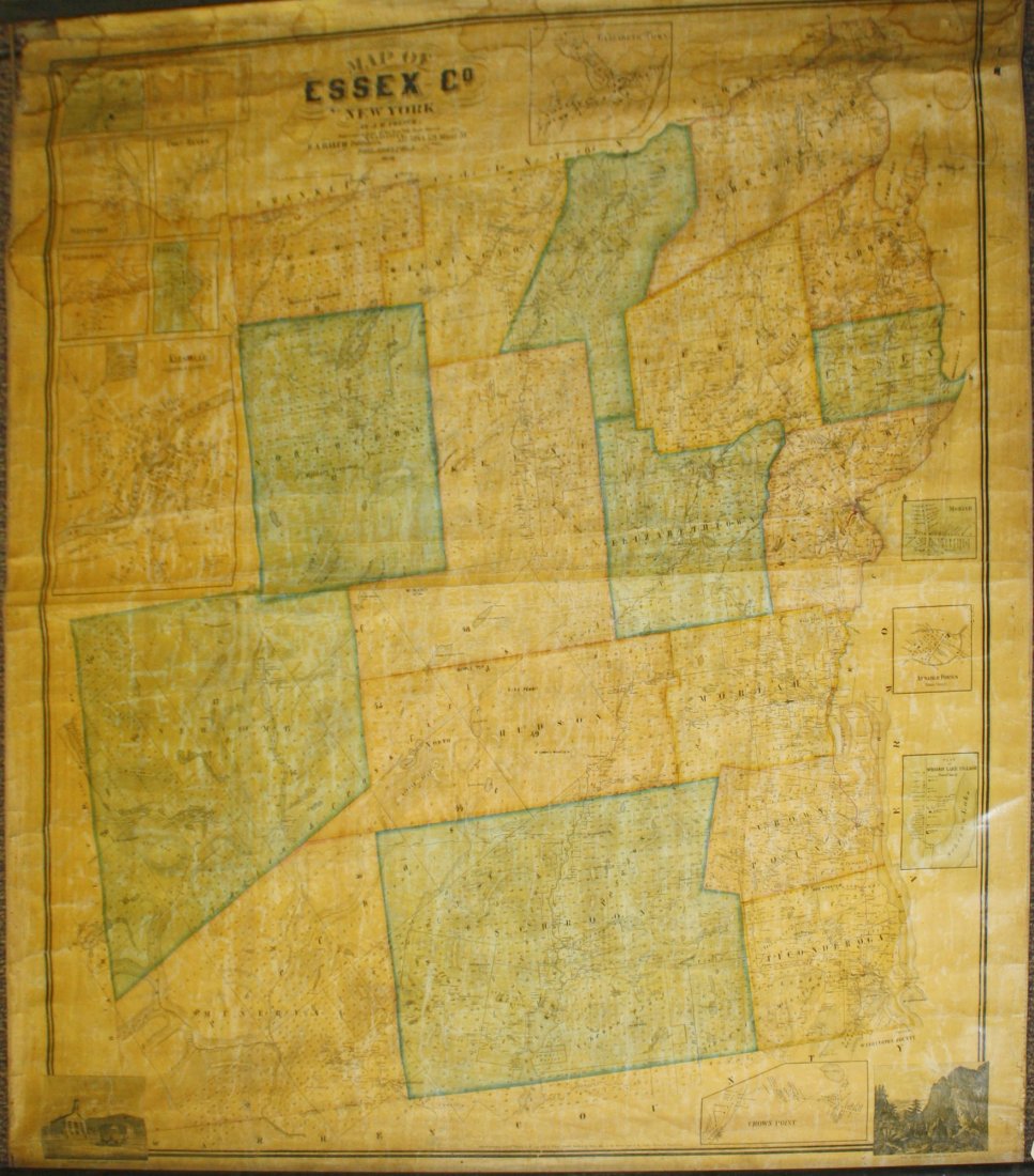 1858 J H French map of Essex Co, NY on original: 1858 J H French map of Essex Co, NY on original rollers- minor looses at top corners 54” x 60”