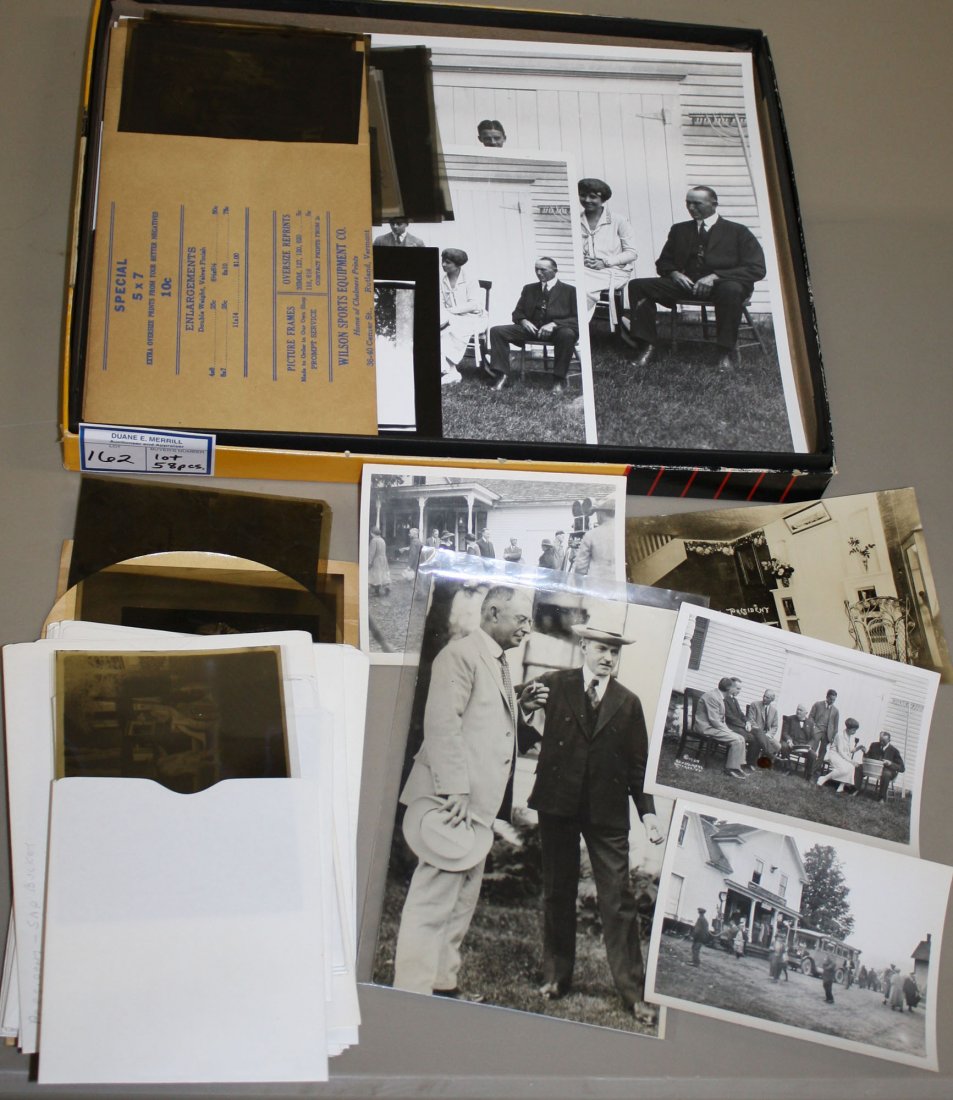 Important archive of 1924 Calvin Coolidge Plymouth, VT: Important archive of 1924 Calvin Coolidge Plymouth, VT 46 photo and RPPC negatives and developed prints by C. E. Chalmers, VT Rutland incl Will Rogers, Thomas Edison, and Henry Ford 58 total pcs