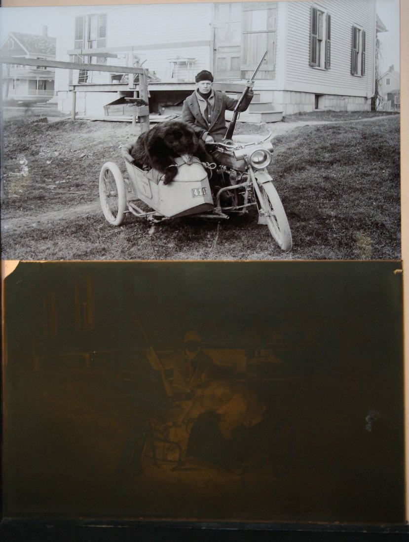 Unusual ca. 1915 glass plate negative of VT hunter with: Unusual ca. 1915 glass plate negative of VT hunter with bear in Harley Davidson sidecar motorcyle