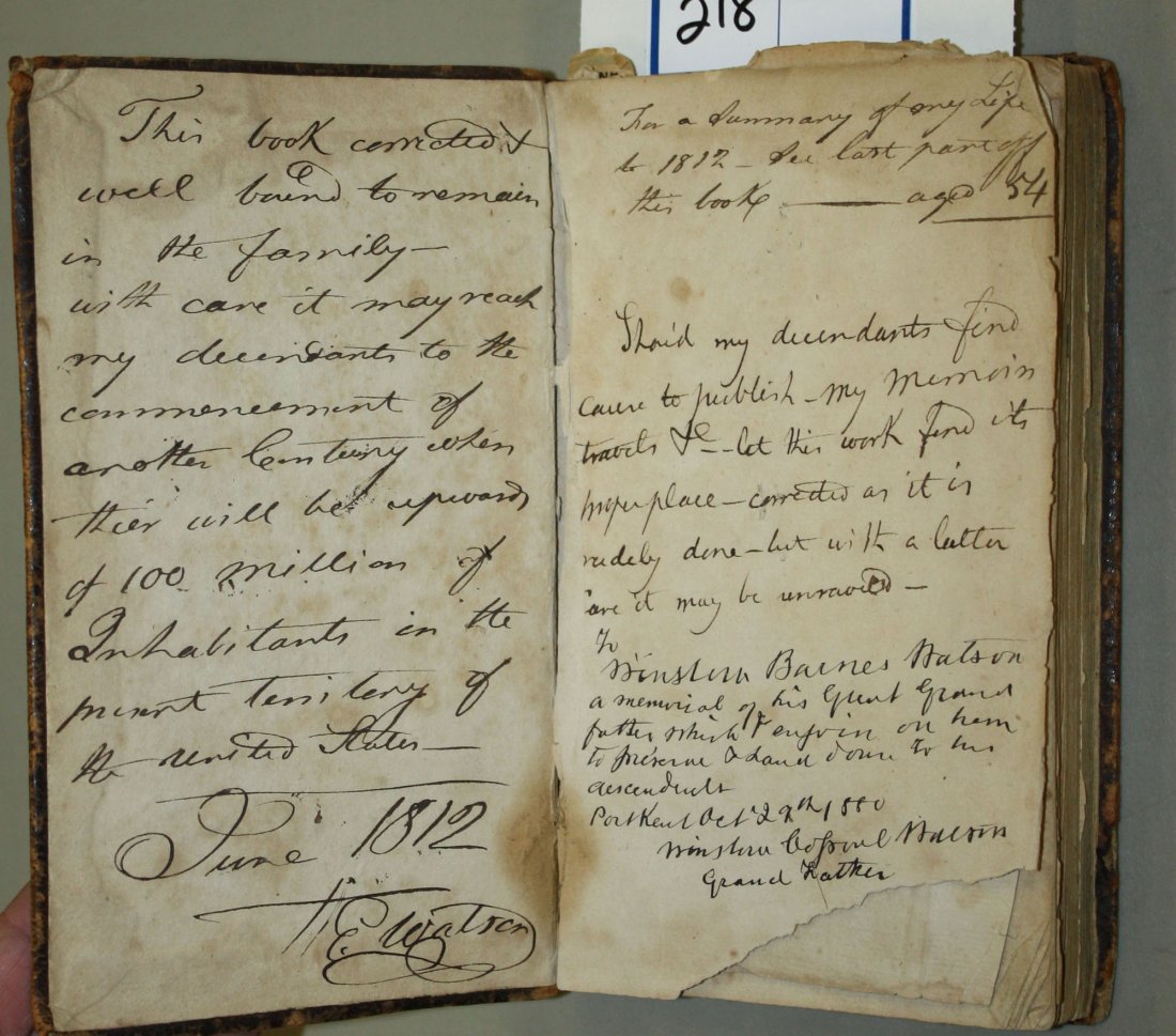 unique 1790 Elkanah Watson self edited copy of his book: unique 1790 Elkanah Watson self edited copy of his book A Tour in Holland in 1784, w/ his personal hand written memoirs bound-in, inscribed to his descendants in 1812, tipped-in letters, & more