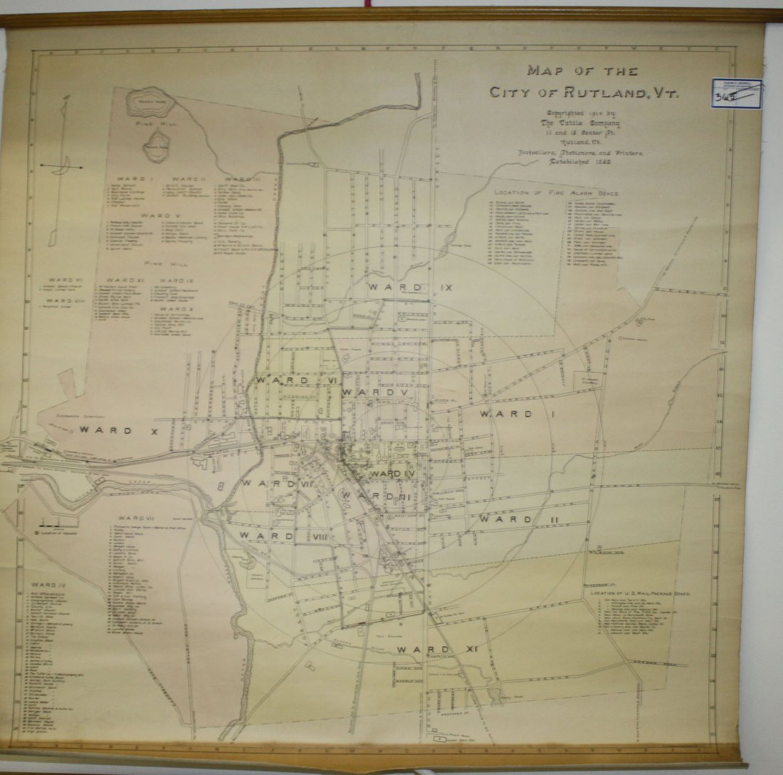 1910 The Tuttle Co. street map of the City of Rutland,: 1910 The Tuttle Co. street map of the City of Rutland, VT - missing bottom roller 38" x 39"