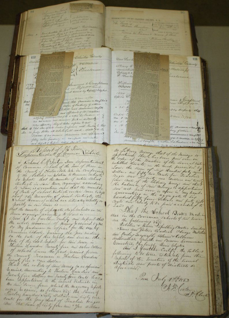 1838 Clinton Co, NY School Record for the town of Peru-: 1838 Clinton Co, NY School Record for the town of Peru- hand written- runs through 1895, & 1889-1891 handwritten records of the Supreme Court & Surrogate Court of Clinton Co, NY