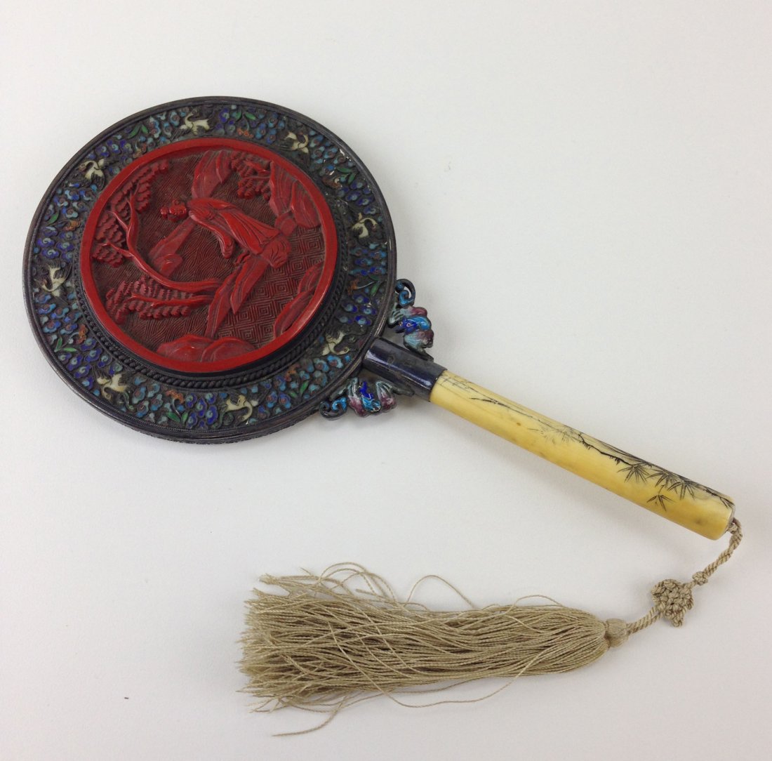 Unusual Chinese Qing cinnabar set panel hand mirror in: Unusual Chinese Qing cinnabar set panel hand mirror in silver cloisonné frame of cranes & flowers. Ex Freeman Collection.