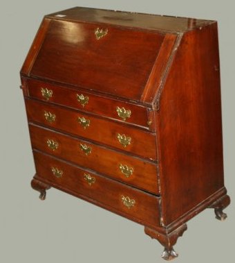 Southern 40" cherry & mahogany Chipp. Ball and claw: Southern 40" cherry & mahogany Chipp. Ball and claw foot slant front desk. Brass not orig.