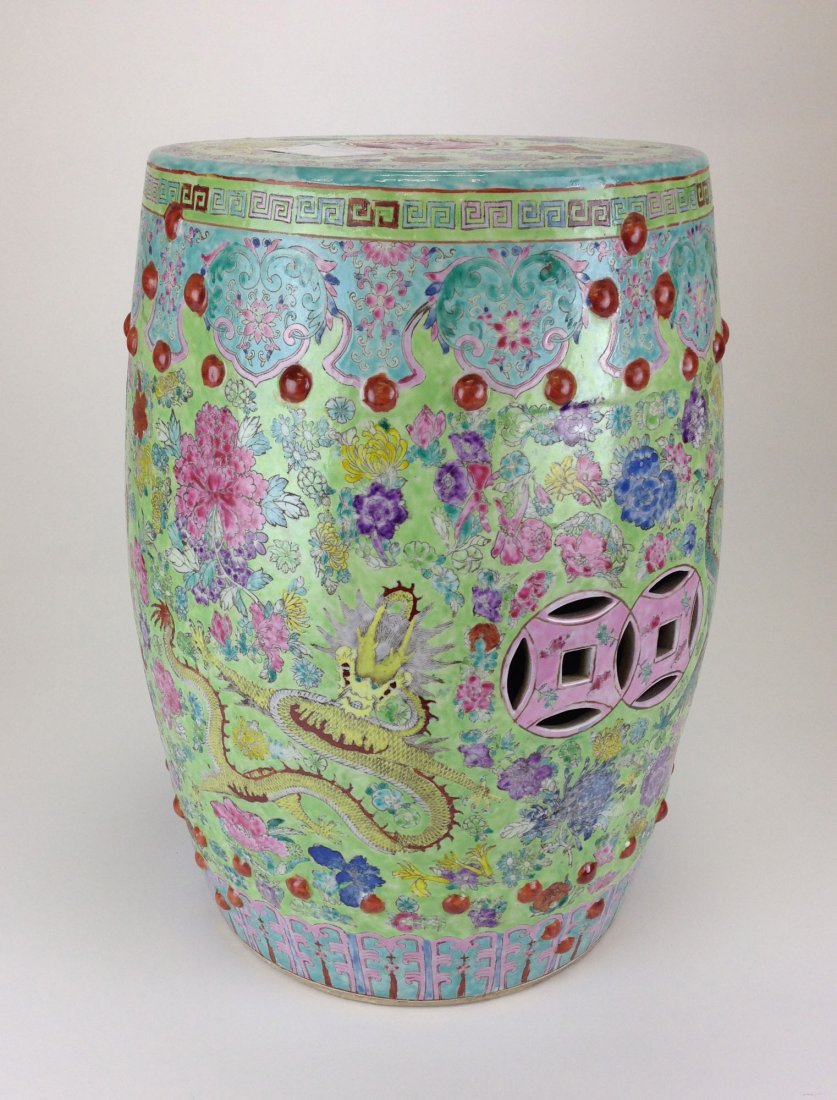 Chinese enameled floral & dragon decorated garden seat.: Chinese enameled floral & dragon decorated garden seat. 18" H. Ex Freeman Estate.