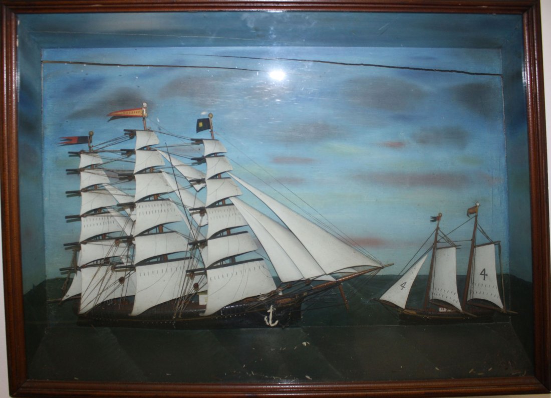 late 19th c Salem, MA ship diorama of the 3 masted: late 19th c Salem, MA ship diorama of the 3 masted schooner “Harriet” 19” x 25”