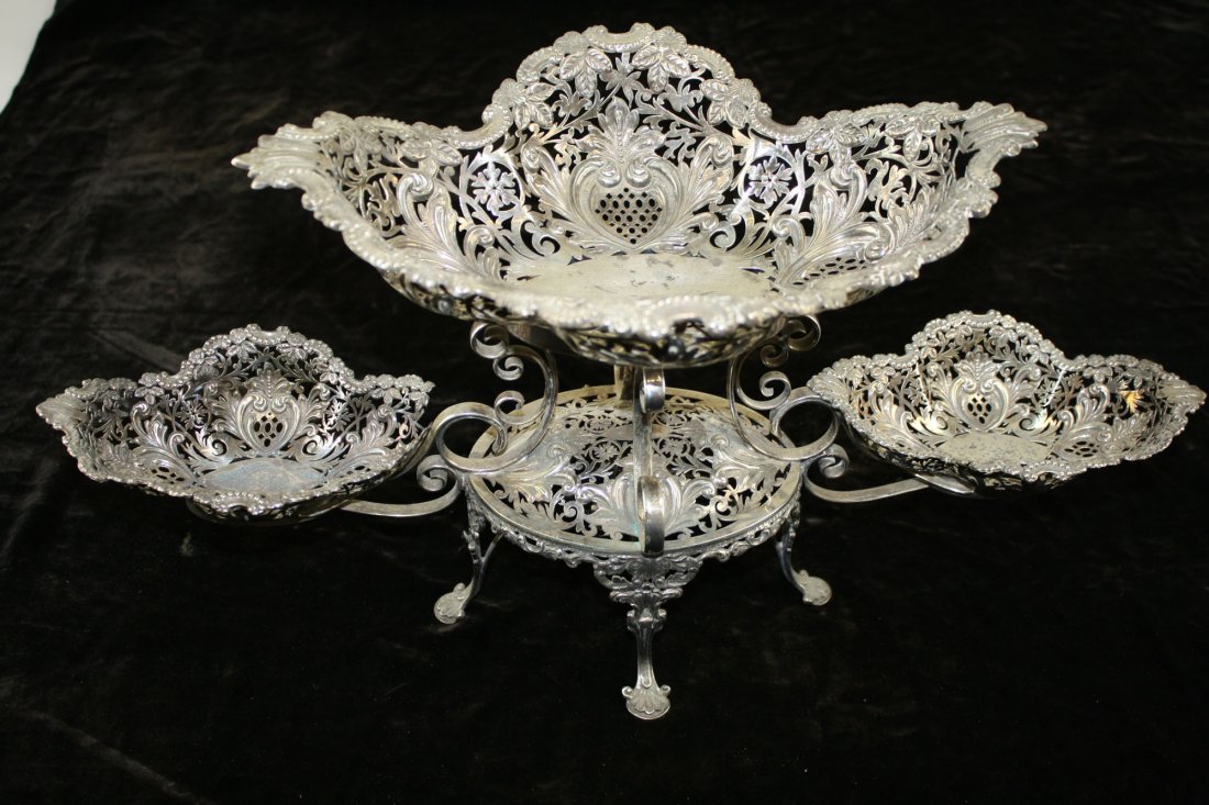 1901-02 James Deakin and Sons Sheffield ornate: 1901-02 James Deakin and Sons Sheffield ornate reticulated repousse sterling silver epergne with 3 removable baskets- 1 damaged 9.5” x 20” 44.7 troy oz.