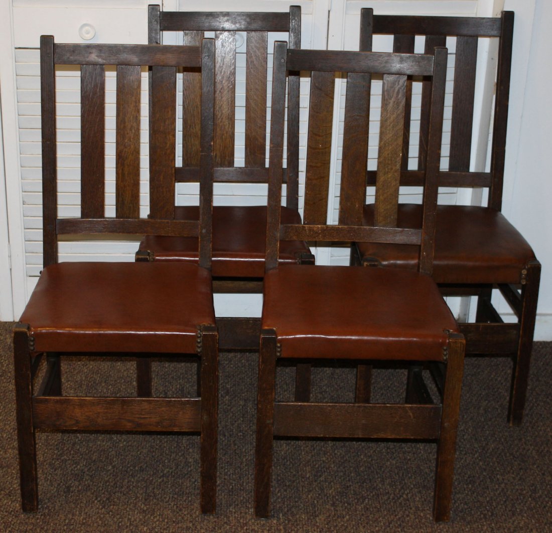 Stickley set of 4 3-slat back leather seat oak side: Stickley set of 4 3-slat back leather seat oak side chairs. #350.