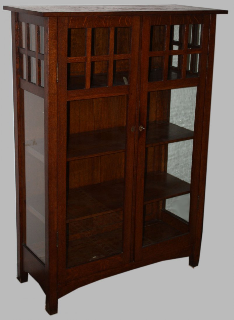 L. & J. G. Stickley #746 oak china closet. 62" H. Good: L. & J. G. Stickley #746 oak china closet. 62" H. Good original surface.