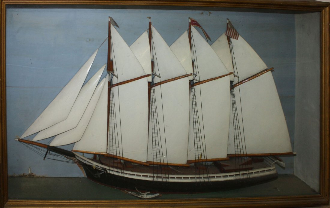 ca 1900 Salem, MA ship diorama of the 4 masted schooner: ca 1900 Salem, MA ship diorama of the 4 masted schooner “Carrie” 22” x 40.5”