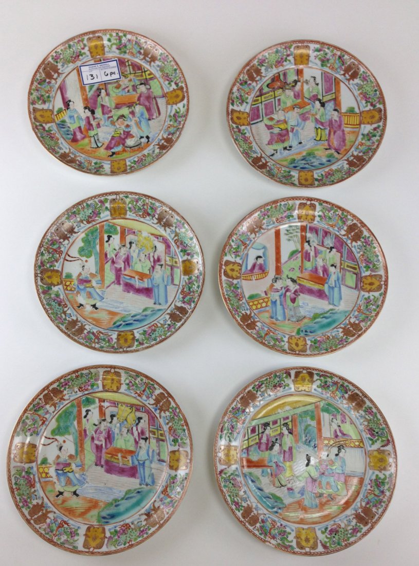 Set of 6 Rose Mandarin Canton 19th C Chinese export.: Set of 6 Rose Mandarin Canton 19th C Chinese export. Set of 6 10" diameter plates. One w/ old staple repair. Other nicks and age checks.