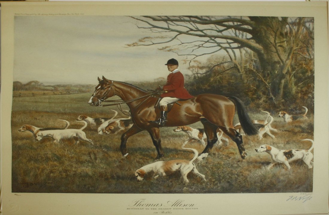 Franklin Brooke Voss (American 1880-1953) Fox hunting: Franklin Brooke Voss (American 1880-1953) Fox hunting scene- Thomas Allison, Huntsman to the Meadow Brook Hounds on Pickles lithograph pencil signed by artist lower right editioned 39/125 plate is 15 