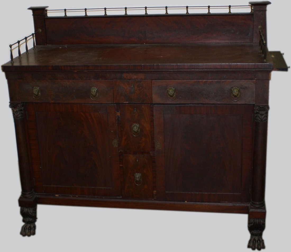 Federal classical mahog sideboard w/ end slides and: Federal classical mahog sideboard w/ end slides and brass gallery. Probably Boston. 59" W x 43" H.