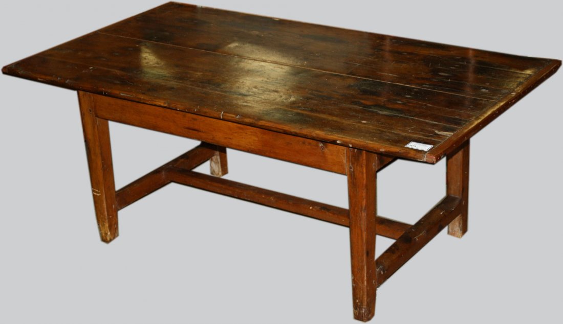 63" Early Quebec pine center stretcher base table,: 63" Early Quebec pine center stretcher base table, breadboard ends replaced.