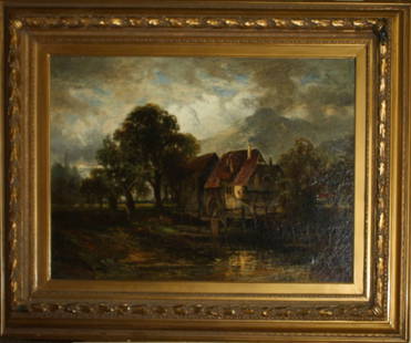 Carl Ebert (German 1821-1885) Mill scene o/c 24 x 34": Carl Ebert (German 1821-1885) Mill scene o/c 24 x 34" signed lower right Christies sale tags on reverse