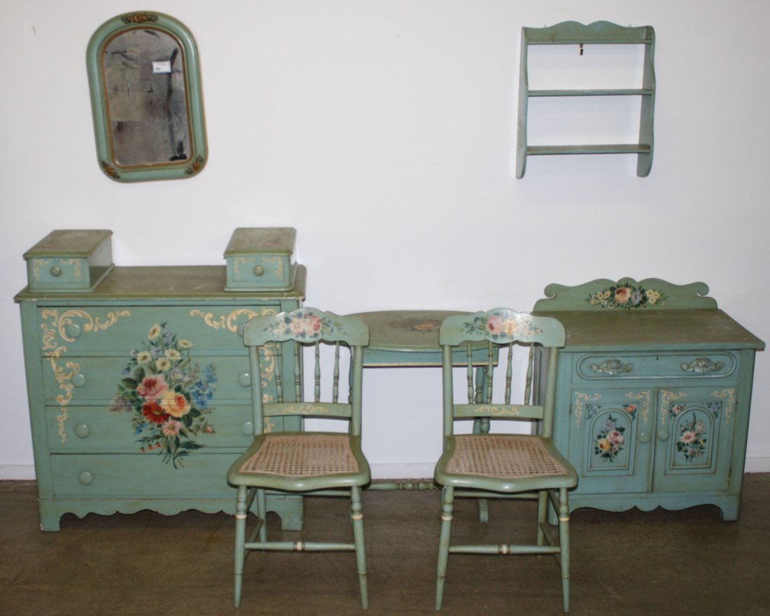 9 pcs. pt. decorated twin cottage bedroom set by Ralph: 9 pcs. pt. decorated twin cottage bedroom set by Ralph Cahoon's wife