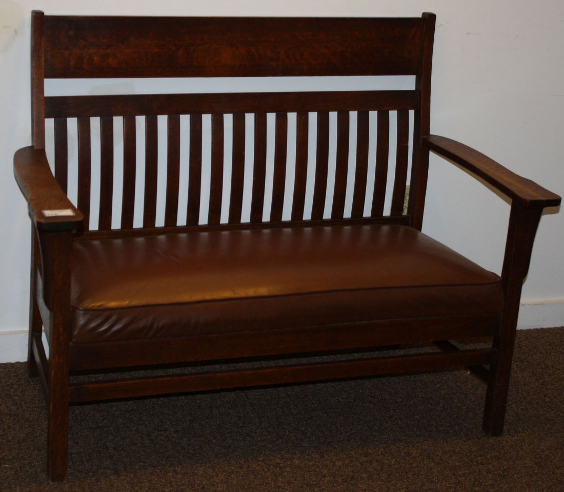 Arts & Crafts oak 4' long settee w/ brown leather seat.: Arts & Crafts oak 4' long settee w/ brown leather seat.