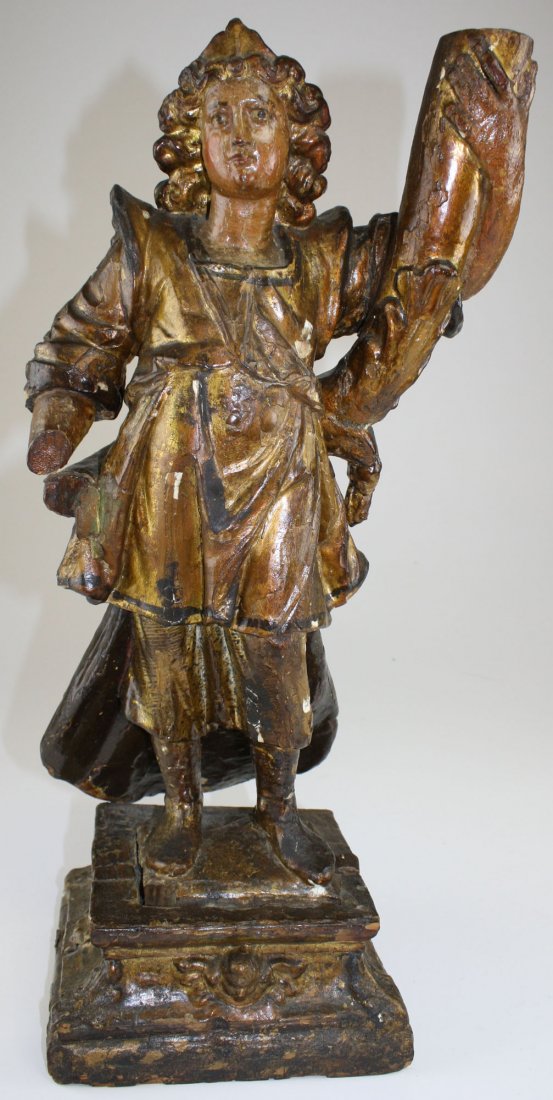 18th- 19th c carved polychrome & gesso female figure: 18th- 19th c carved polychrome & gesso female figure altar candlestick ht 22”