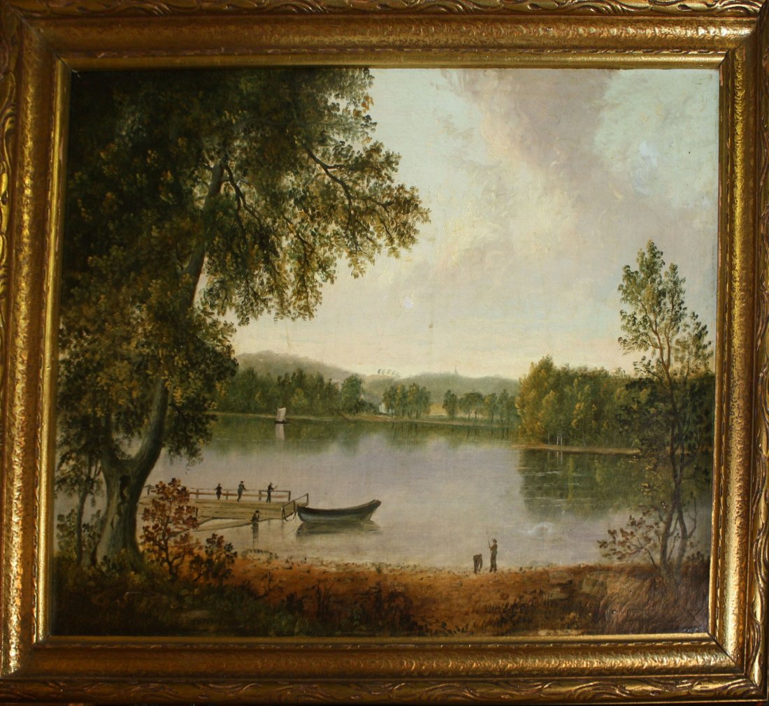 Hudson River school landscape of Jamaica Pond Boston: Hudson River school landscape of Jamaica Pond Boston mongrammed JW 1887 possibly J Wolcott o/c 18 x 24
