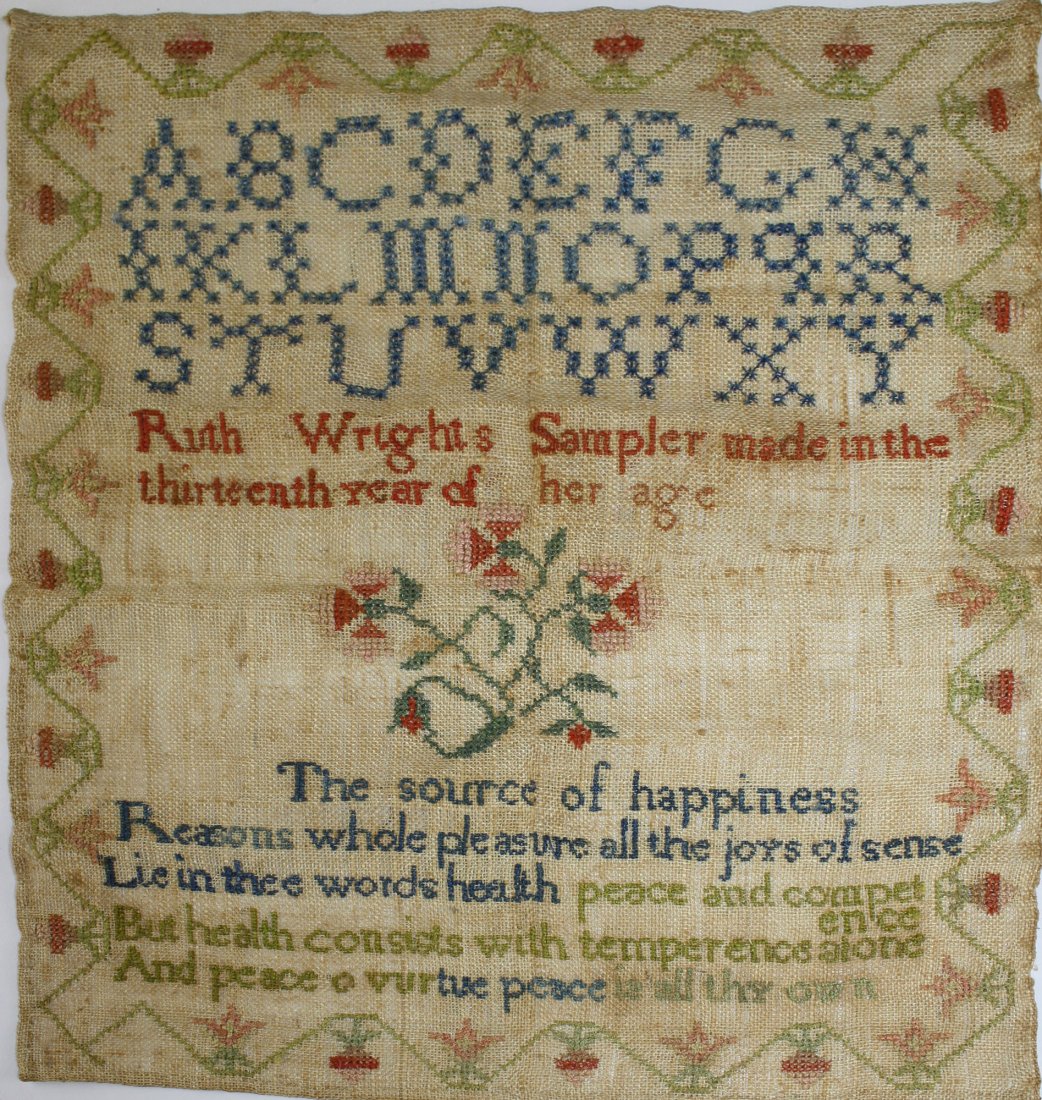 Ruth Wright NE schoolgirl sampler made in the 13th year: Ruth Wright NE schoolgirl sampler made in the 13th year of her age w/ verse 12” x 10.5”Ruth Wright NE schoolgirl sampler made in the 13th year of her age w/ verse 12” x 10.5”Ruth Wright NE sch