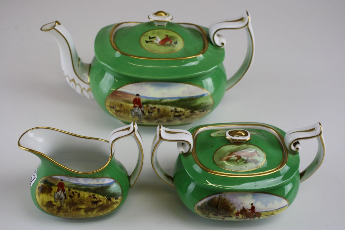 Spode Copeland china teapot, sugar and creamer with: Spode Copeland china teapot, sugar and creamer with English hunt scenes