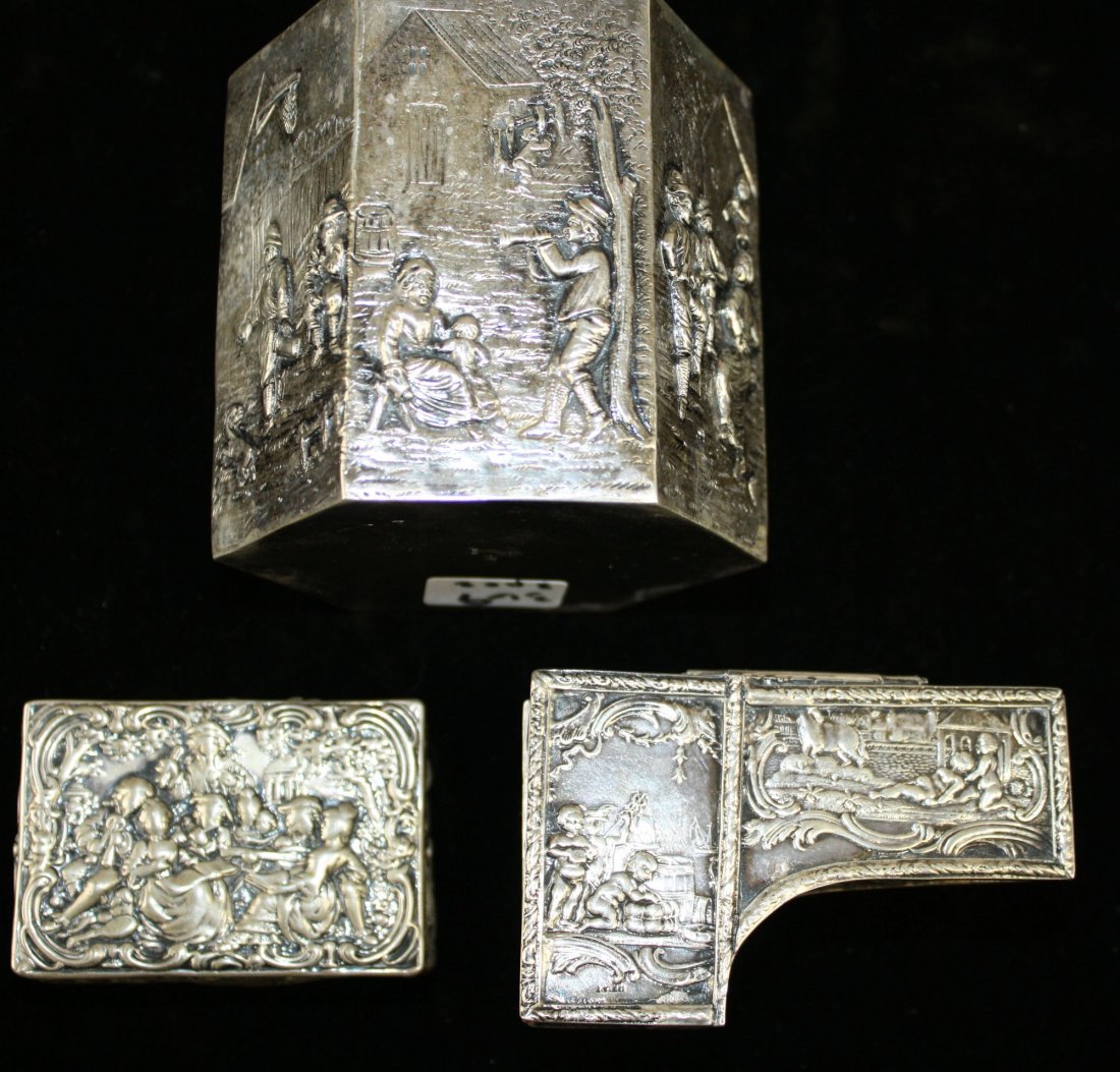 Continental silver figural repousse tea box, pill box,: Continental silver figural repousse tea box, pill box, and piano form box 1”, 2”, 5”